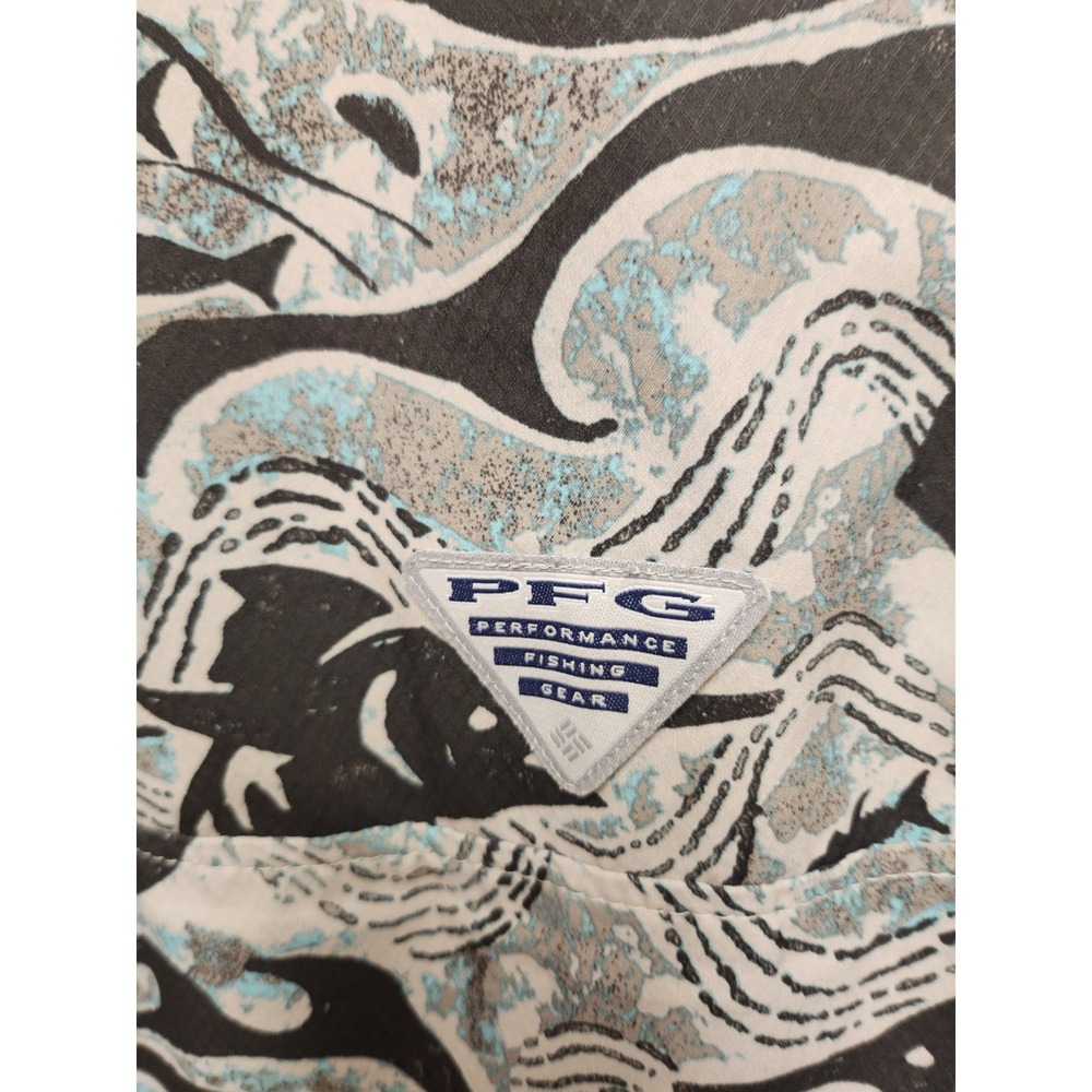 Columbia PFG Mens Fishing Shirt Short Sleeve Marlin Tribal Print Grey Blue L - Picture 5 of 5